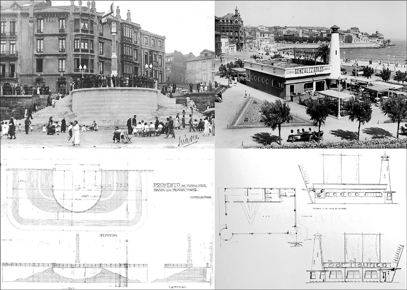 Fig. 1. Arriba, a la izquierda: Fotografía de Constantino Suárez, h. 1934; a la derecha: El Náutico. Tarjeta postal. Ambas del fondo del Muséu del Pueblu d´Asturies. Abajo, a la izquierda: Proyecto de Avelino Díaz y Fernández-Omaña de Escalera monumental; a la derecha: Proyecto de Pedro Cabello de El Náutico. Fuente: ambas recogidas en ARANDA IRIARTE, J. (1981), Los arquitectos de Gijón alrededor del Racionalismo: los años treinta, Oviedo, COAA.